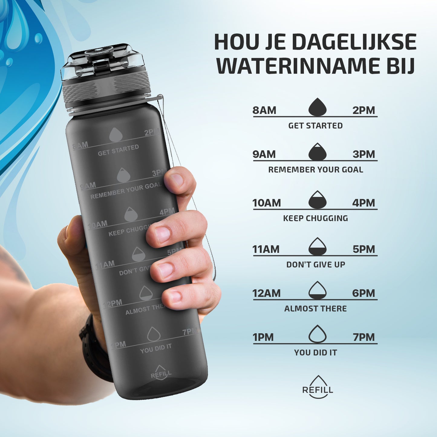 Waterfles met Tijdmarkeringen - Grijs